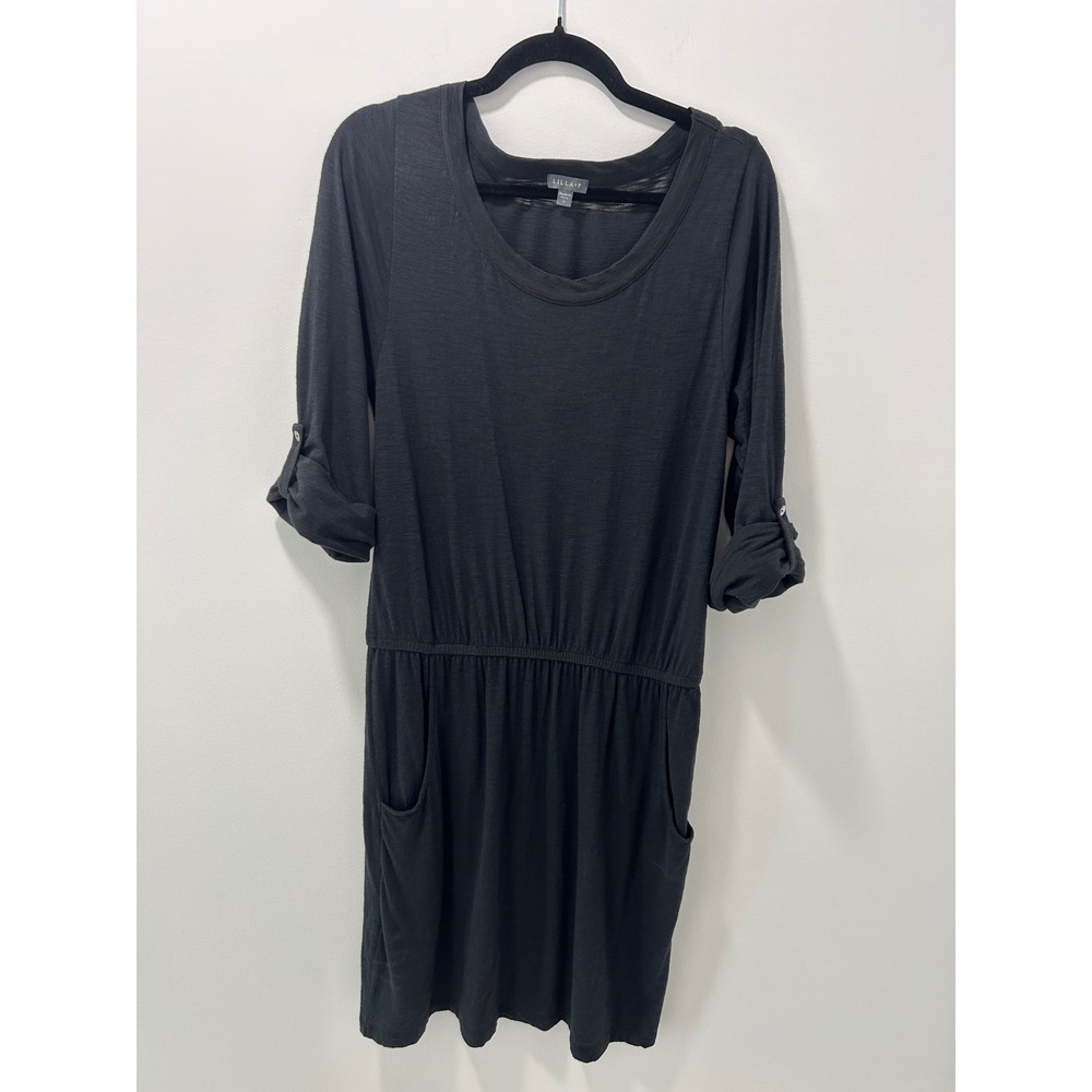 Lilla P Black Pima Cotton Modal Knit Pocket Dress Roll Tab Sleeve Womens Large